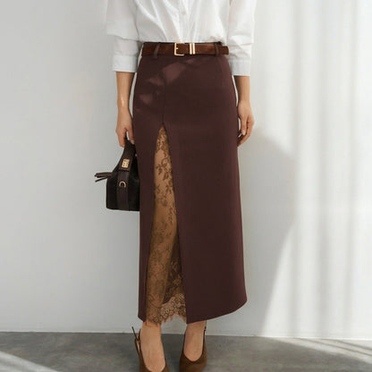 Side Slit Lace Patchwork Maxi Skirt