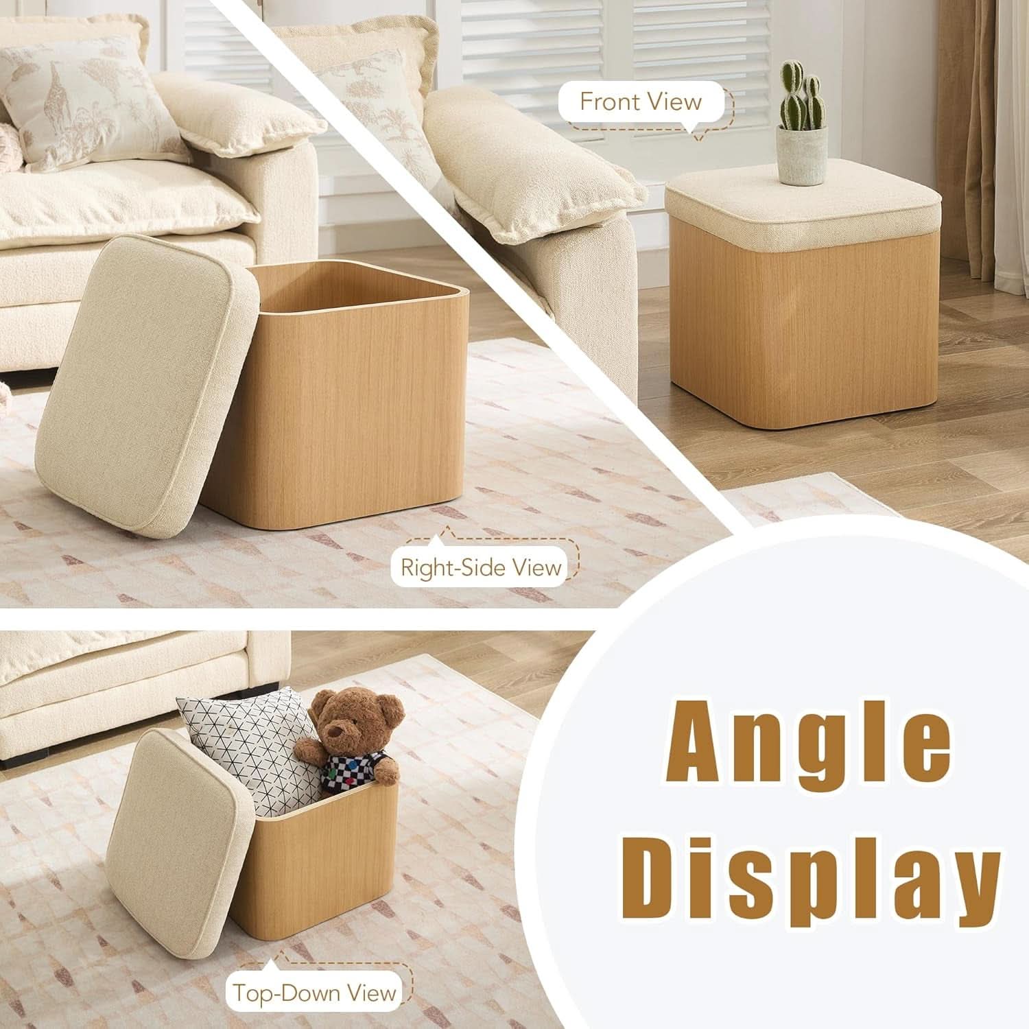 Beige Linen Upholstered Storage Ottoman With Footrest