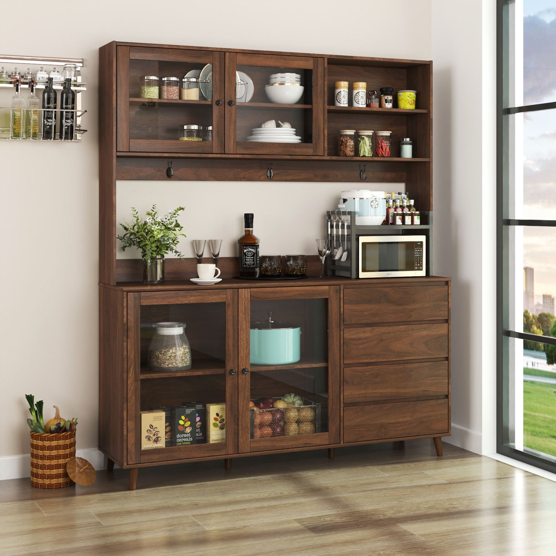 Large Kitchen Hutch Cabinet, Storage Kitchen Cupboard With 4 Doors, 4 Drawers & Microwave Shelf - Walnut