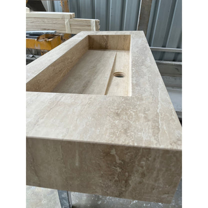 Handcrafted Custom Natural Beige Travertine Vein-Cut Trough Sink