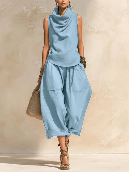 Women's Draped Cowl-Neck Sleeveless Top & Voluminous Balloon Lantern Trouser Set