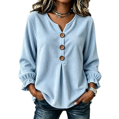 Women's Corduroy Long-Sleeve Blouse – Patchwork Minimalist Top