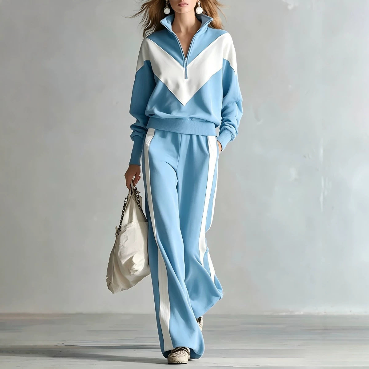 Women's Colour-Block Chevron Half-Zip Sweatshirt & Wide-Leg Side-Stripe Tracksuit Set