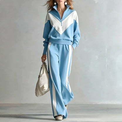 Women's Colour-Block Chevron Half-Zip Sweatshirt & Wide-Leg Side-Stripe Tracksuit Set