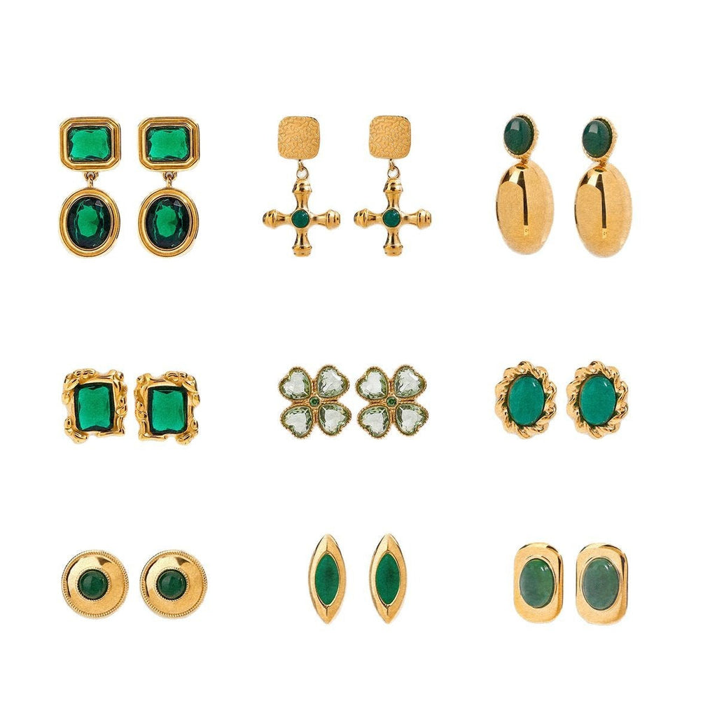 18K gold geometric/flower-shaped inlaid gemstone design light luxury noble earrings
