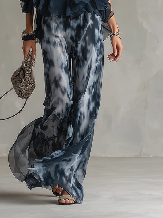 Women's Navy Ruffled Halter Top & Abstract-Print Palazzo Pants Set