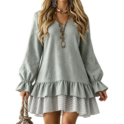 Women's V-Neck Ruffle Sleeve Plaid Patchwork Mini Dress