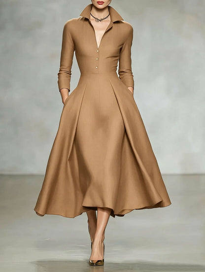 Deep V-Neck Shirt Collar Pleated A-Line Midi Dress with Pockets