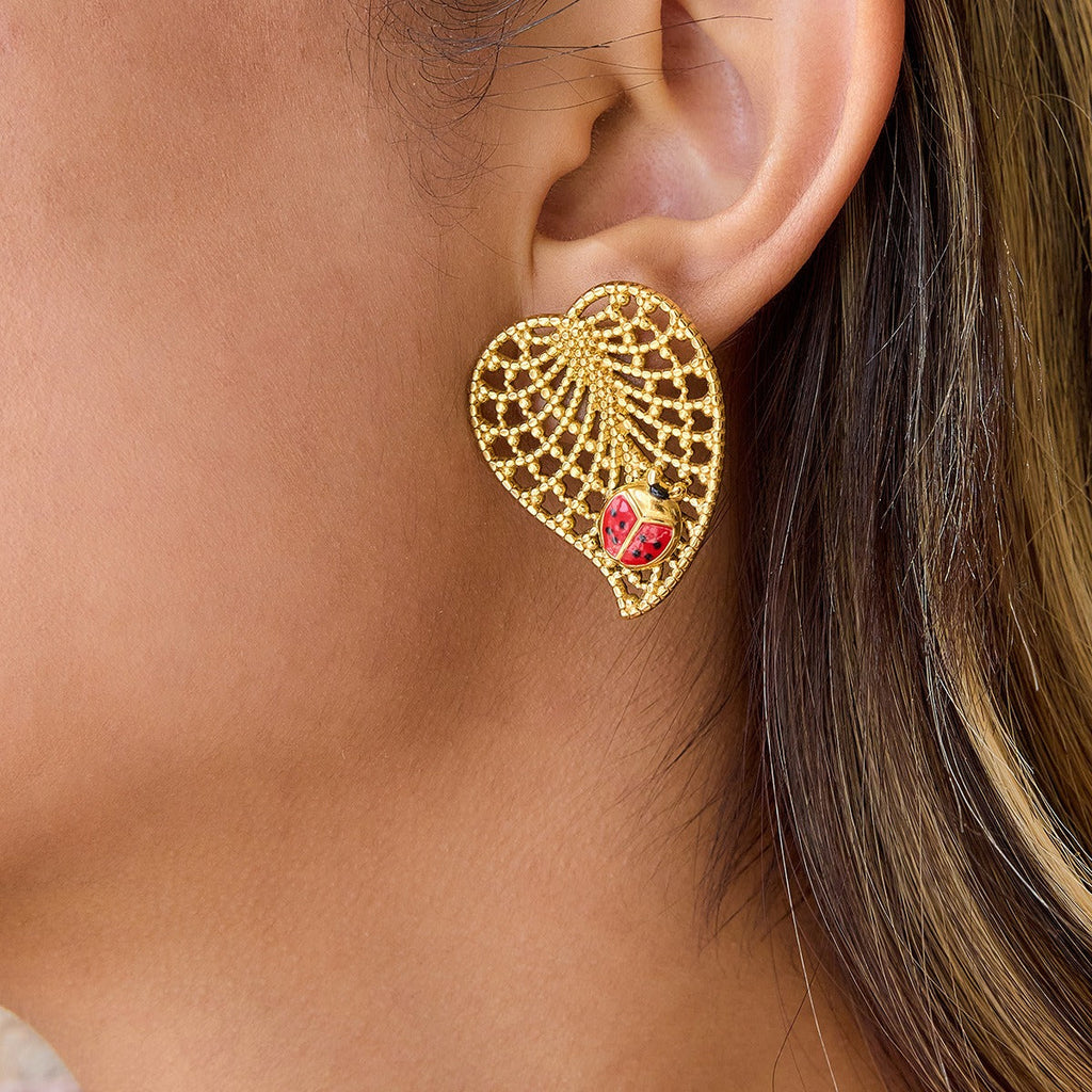 18K gold classic ladybug and leaf earrings