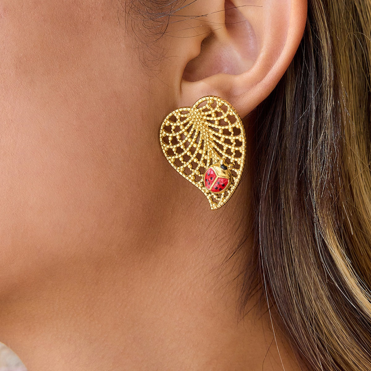 18K gold classic ladybug and leaf earrings