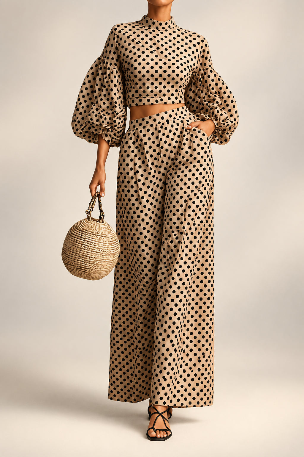 Women's 2-Piece Polka Dot Set – Lantern-Sleeve Mock-Neck Crop Top & High-Waisted Wide-Leg Trouser