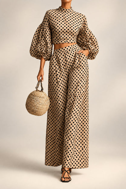 Women's 2-Piece Polka Dot Set – Lantern-Sleeve Mock-Neck Crop Top & High-Waisted Wide-Leg Trouser