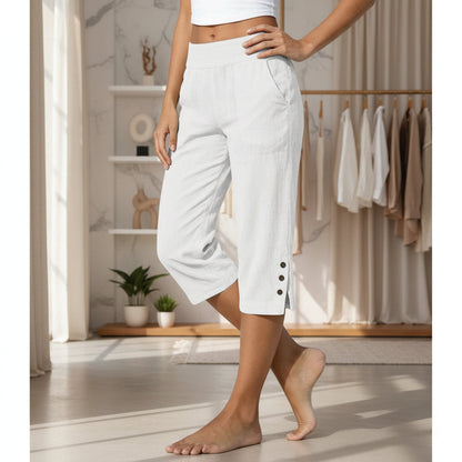 Women's High-Waist Cropped Straight-Leg Pants – Button Detail Slit Front