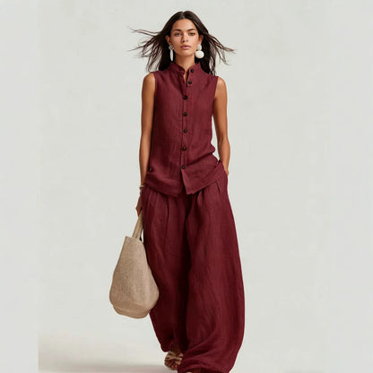 Women's Stand Collar Sleeveless Top & High-Waist Wide-Leg Pants Set