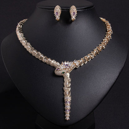 S925 Silver and Zircon Snake-Design Necklace and Earrings Jewelry Set