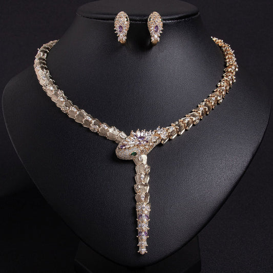S925 Silver and Zircon Snake-Design Necklace and Earrings Jewelry Set