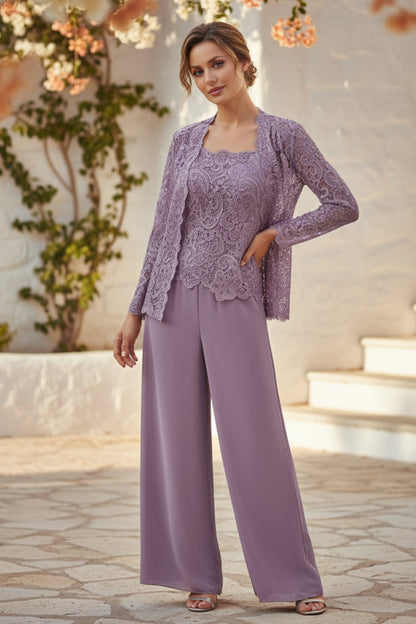 Women's Floral Lace Jacket & Top & Chiffon Wide-Leg Pants Three-Piece Formal Set – 12 Colors US0–14
