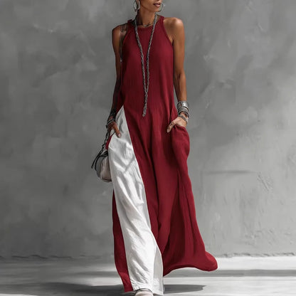 Women's Sleeveless Loose Contrast Color Dress with Pockets