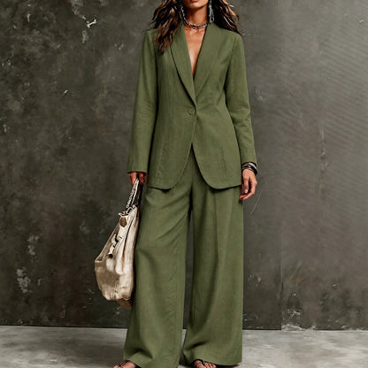 Women's Linen-Look Single-Button Blazer & Wide-Leg Trouser Suit Set
