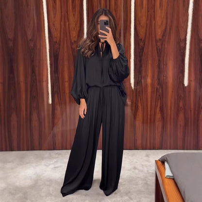 Women's V-Neck Lace-Up Bishop Sleeve Wide-Leg Pants Set