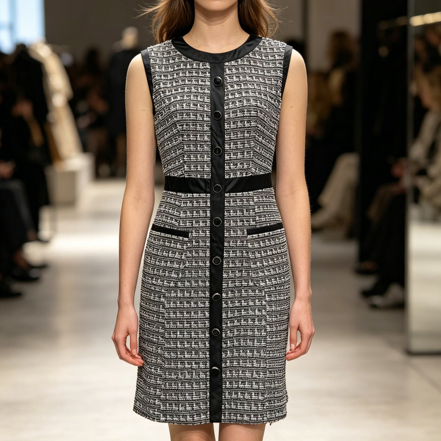Women's Vintage Tweed Sleeveless A-Line Mini Dress – Leather Trim Vest Dress