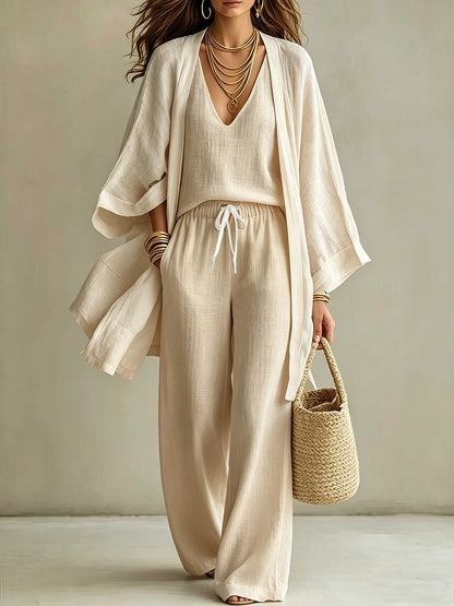 Women's 3-Piece Cardigan, Sleeveless Vest & Wide Leg Pants Set