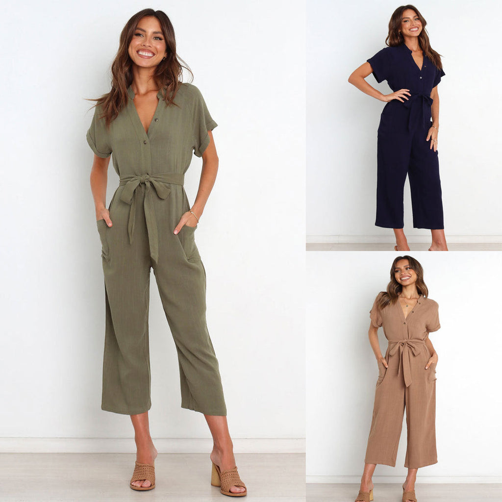 Women's V-Neck Cropped Wide-Leg Knit Jumpsuit