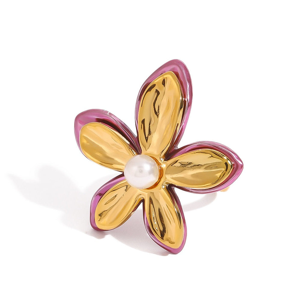 18K gold flower-shaped inlaid pearls exquisite design noble ring