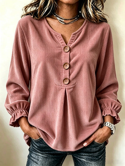 Women's Corduroy Long-Sleeve Blouse – Patchwork Minimalist Top