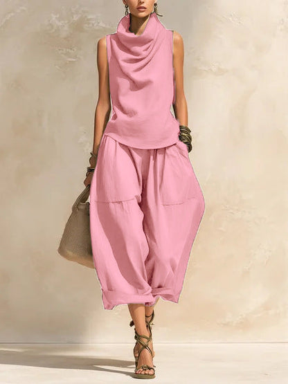 Women's Draped Cowl-Neck Sleeveless Top & Voluminous Balloon Lantern Trouser Set