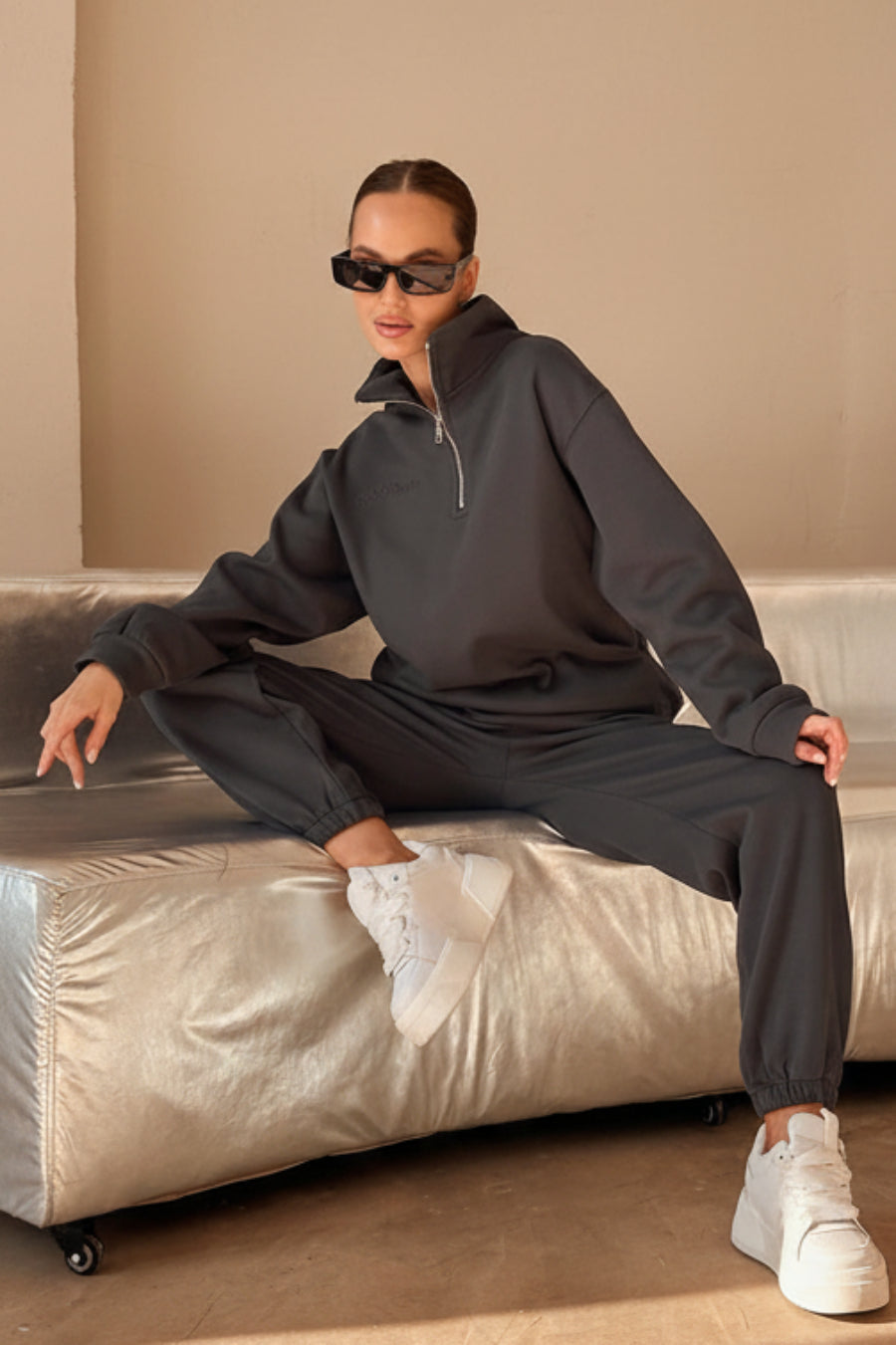 Women's Embroidered Half-Zip Sweatshirt & Jogger Pants Set