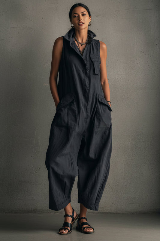 Women's Cotton Sleeveless Cargo Jumpsuit – Wide Leg Multi-Pocket