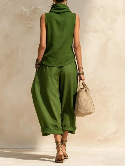 Women's Draped Cowl-Neck Sleeveless Top & Voluminous Balloon Lantern Trouser Set