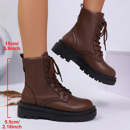 Women’s Round Toe Plus Size Lace-Up Chunky Sole Ankle Boots