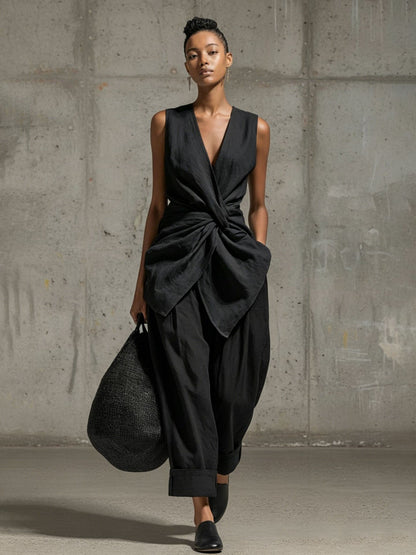 Women's Tie-Front V-Neck Sleeveless Top & Wide-Leg Pants Set