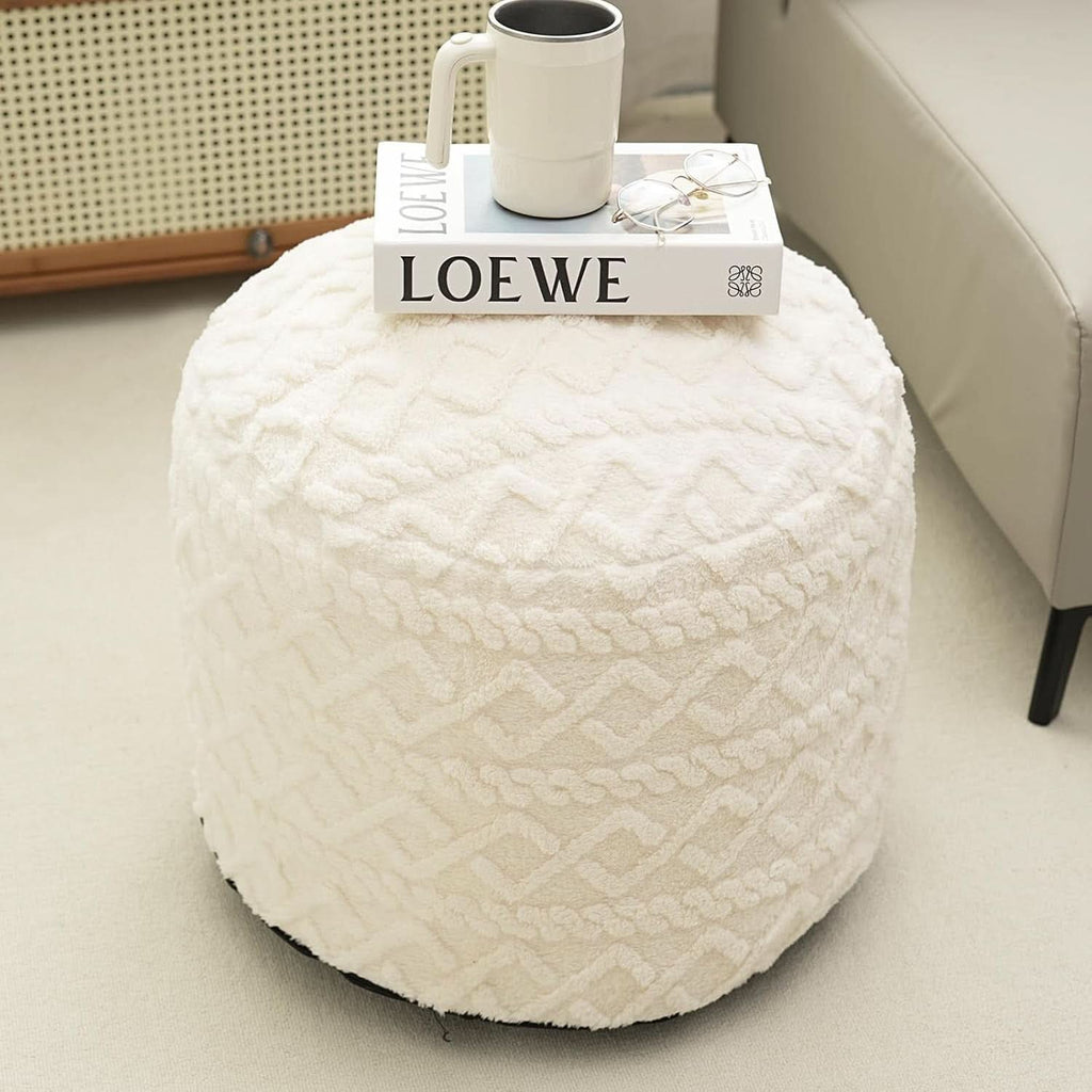 Beige Velvet Texture FauxFur Memory Foam Round Ottoman