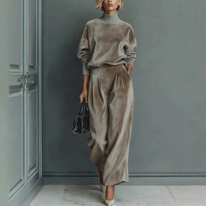 Women's Mock Turtleneck Balloon Sleeve Top & Pleated Wide-Leg Trousers Set