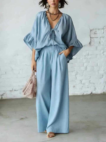 Women's Loose-Fit V-Neck Top & Wide-Leg Pants Two-Piece Set