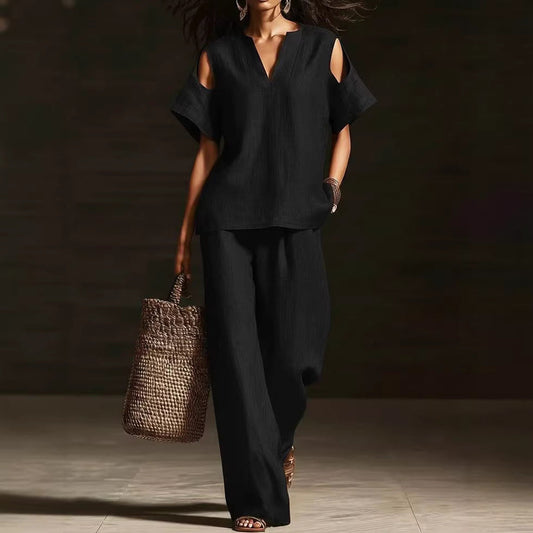 V-Neck Short Sleeve Top & Straight-Leg Pants Set – Ripped Detail, Pockets, Solid Color
