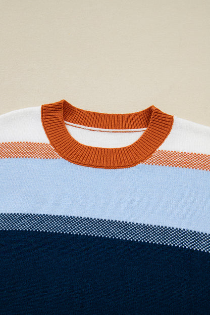 Dark Blue Color Block Round Neck Tunic Sweater