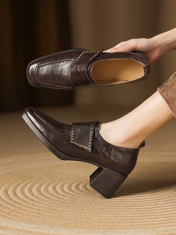 Women's British Style Square Toe Chunky Heel Pumps – Deep Vamp Studded