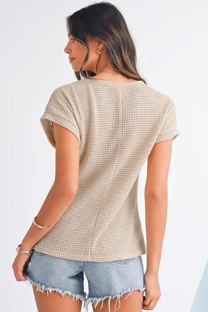Mist Green Hollow Patchwork Waffle Knit Top