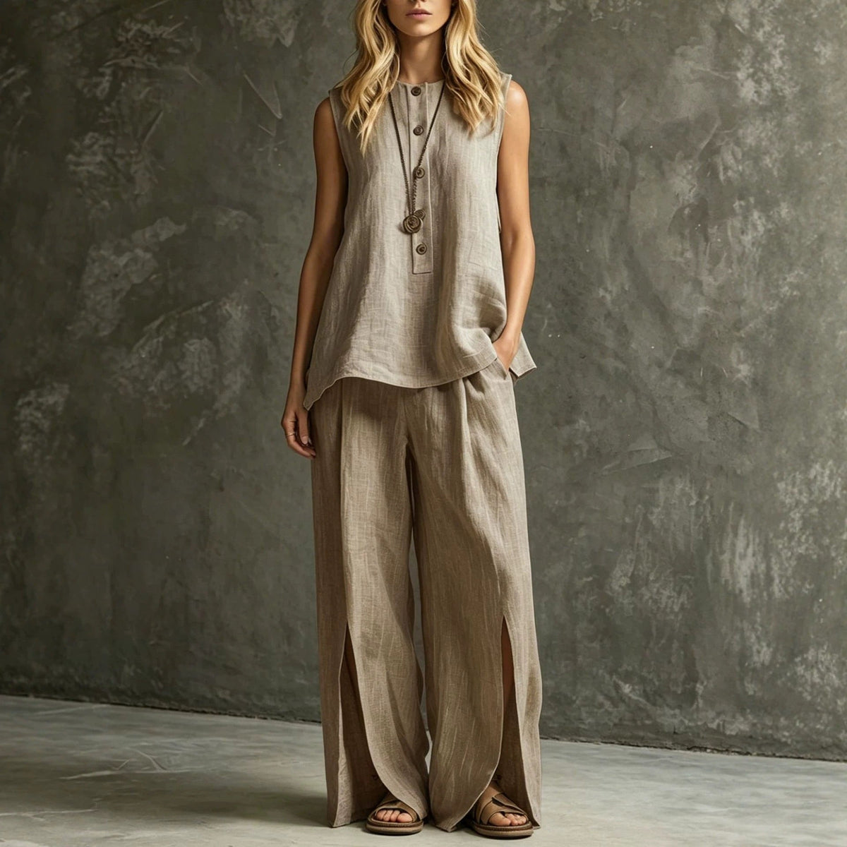 Women's Loose Sleeveless Tank Top & Slit Wide-Leg Pants Two-Piece Set