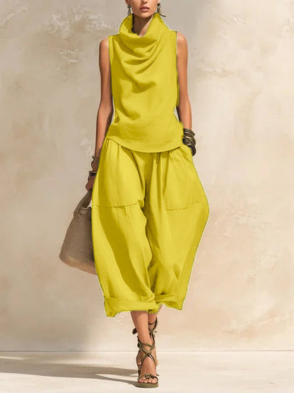 Women's Draped Cowl-Neck Sleeveless Top & Voluminous Balloon Lantern Trouser Set