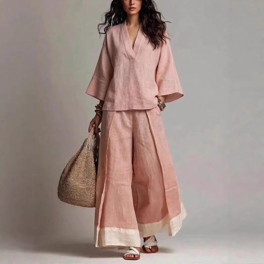 Women's Cotton-Linen V-Neck 3/4 Sleeve Shirt & Wide-Leg Pants Set