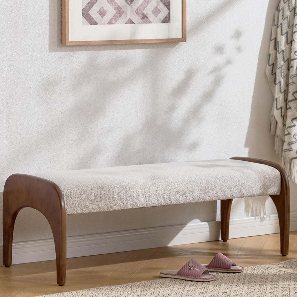 51-Inch Wide Ottoman Bench Beige Sherpa Upholstery