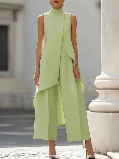 Women's Mock Turtleneck Sleeveless Asymmetric Cascade Drape Longline Top & Wide-Leg Cropped Trouser Set