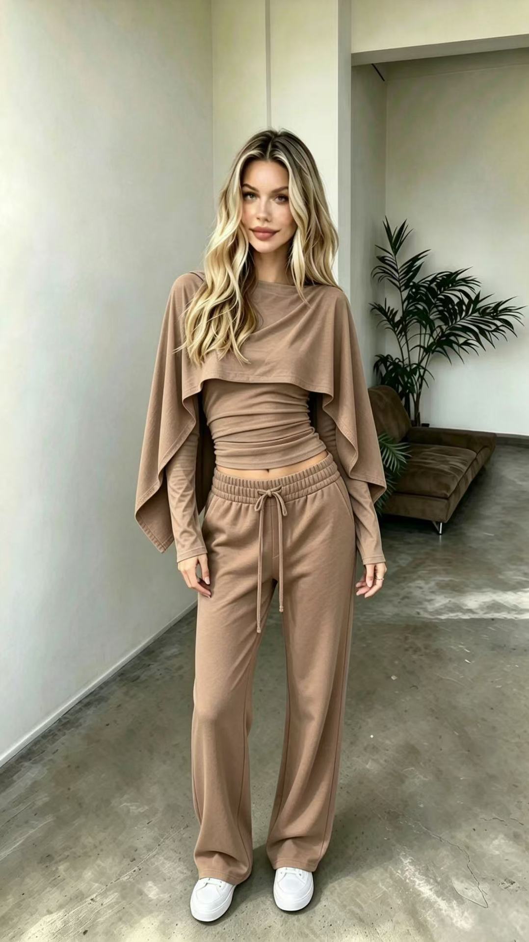 Women's Draped-Cape Illusion Crop Top & Wide-Leg Trouser Set