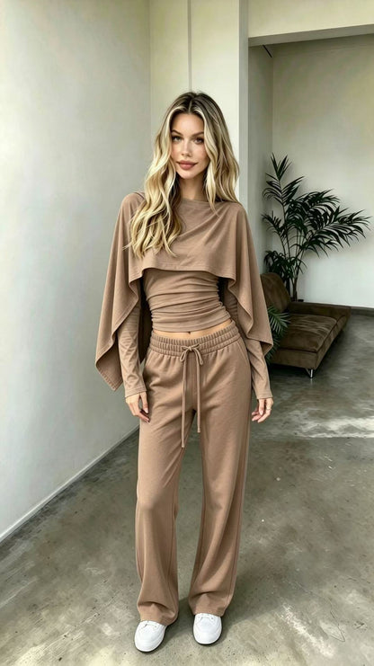 Women's Draped-Cape Illusion Crop Top & Wide-Leg Trouser Set