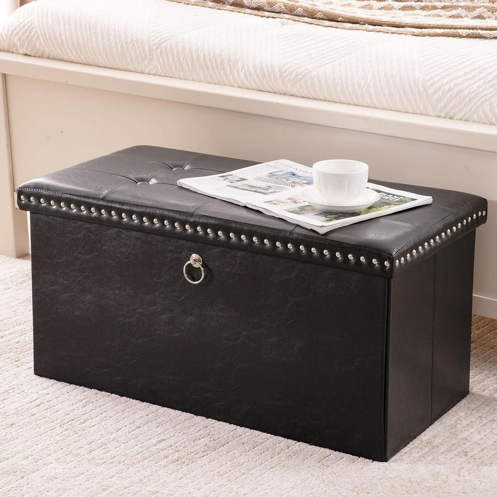 Faux Leather Folding Storage Ottoman 30 Inch Size Black